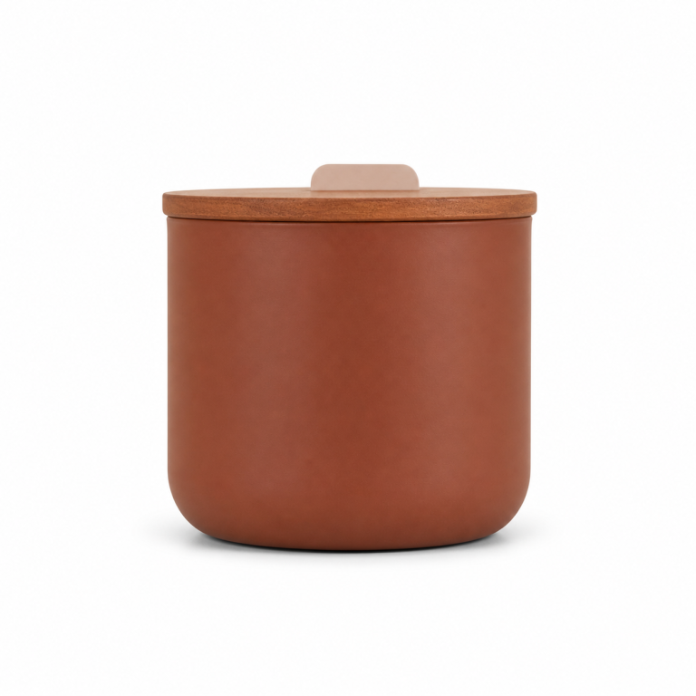 Coleção Kobe – Pote Terracota M e Tampa Nude em Madeira Natural Estúdio Iludi